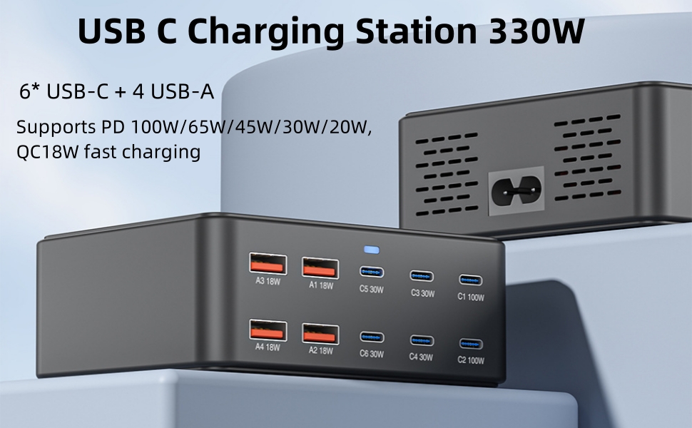 USB C Charging Station 330W, USB C Charger Charging Hub 10 Ports for Multiple Devices with PD 100W 6