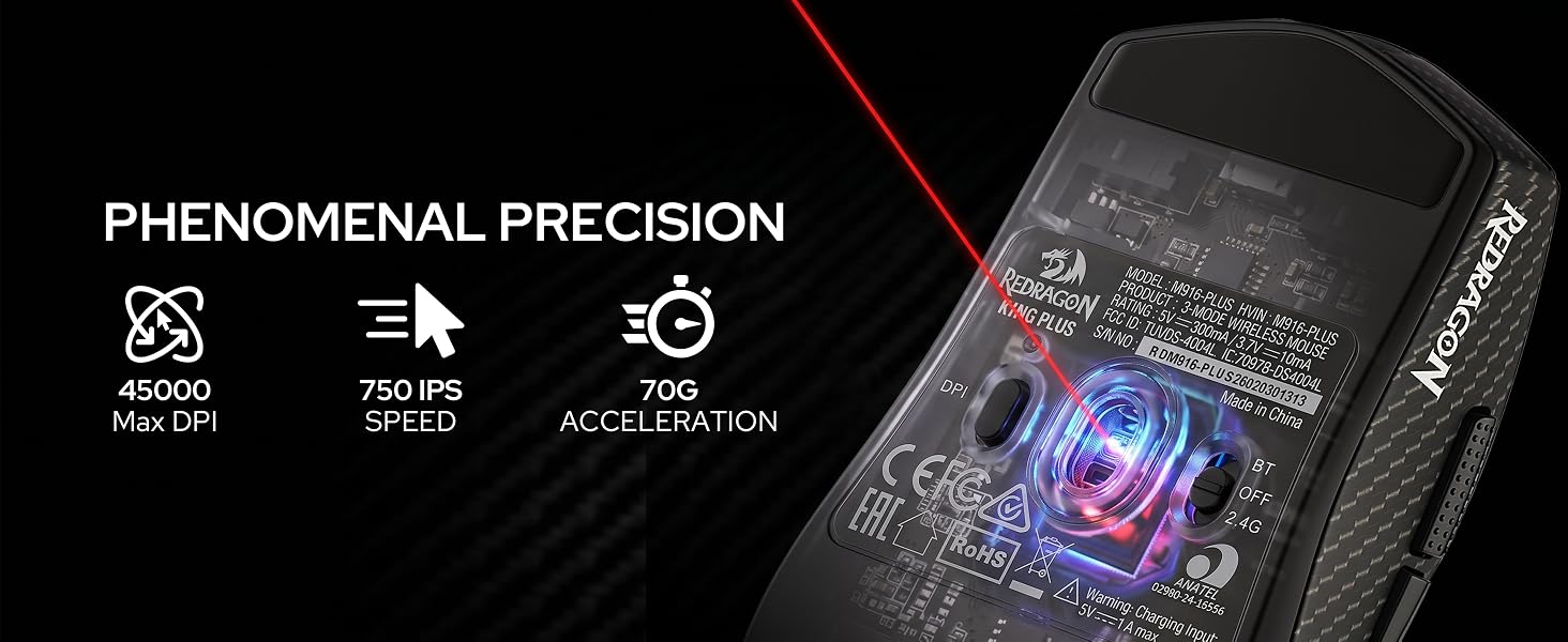 Redragon M916 Wireless 49G Ultra-Light Gaming Mouse 45K DPI Remapping Keys | Carbon Fiber Design, St