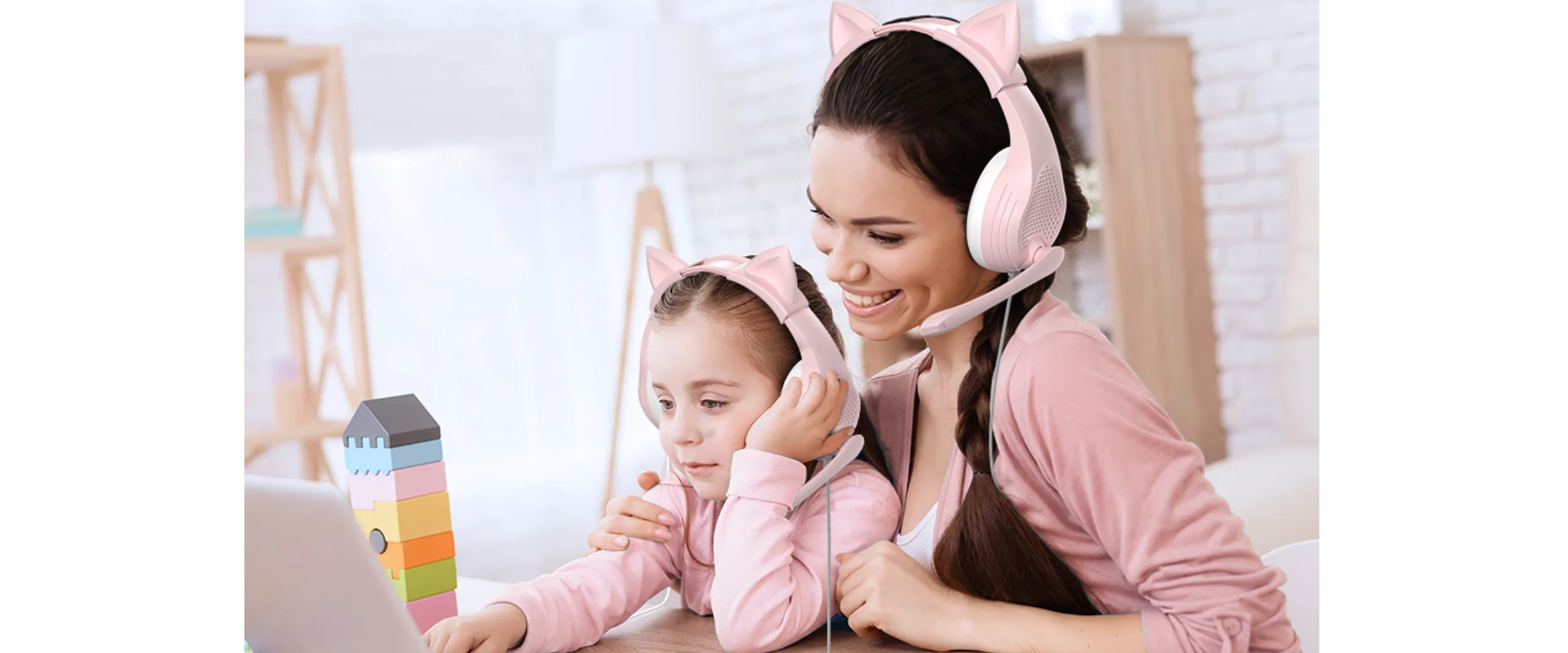 Anivia pink cat ear headset, parent and kid online learning, family video call