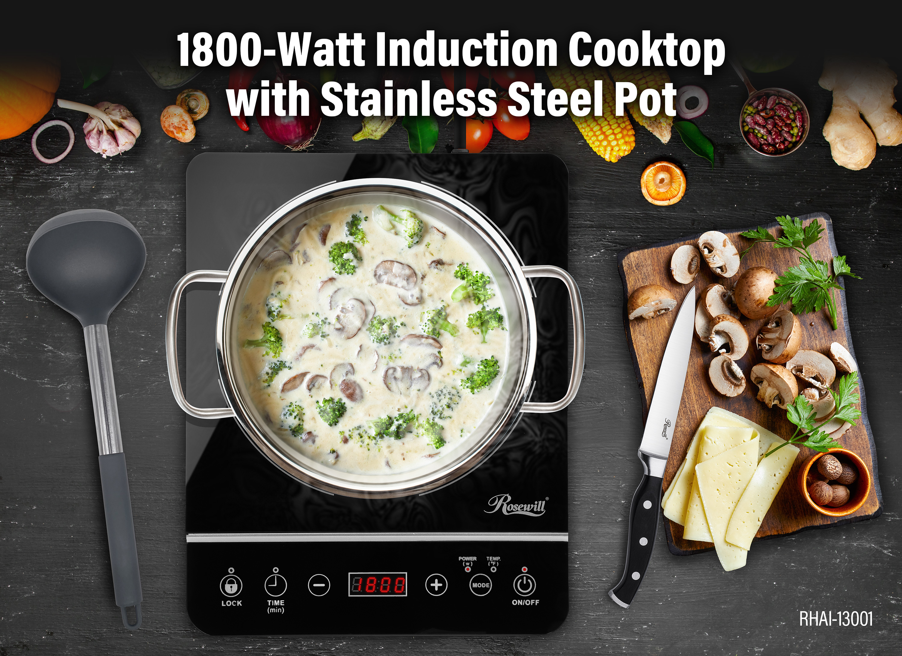 1800W, Induction Cooktop, Burner, Stove, countertop, sensor touch, lock, timer, black, hot plate