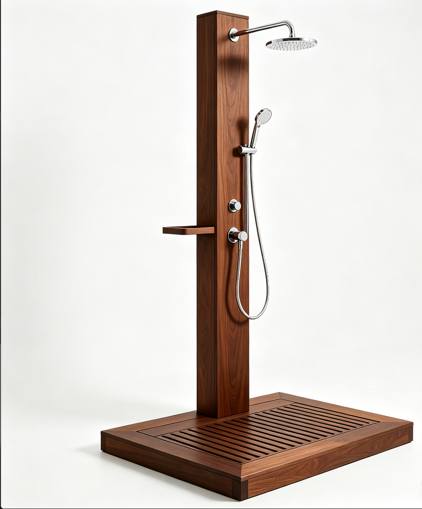 freestanding eucalyptus wood outdoor shower kit, wooden outdoor shower column for backyard poolside