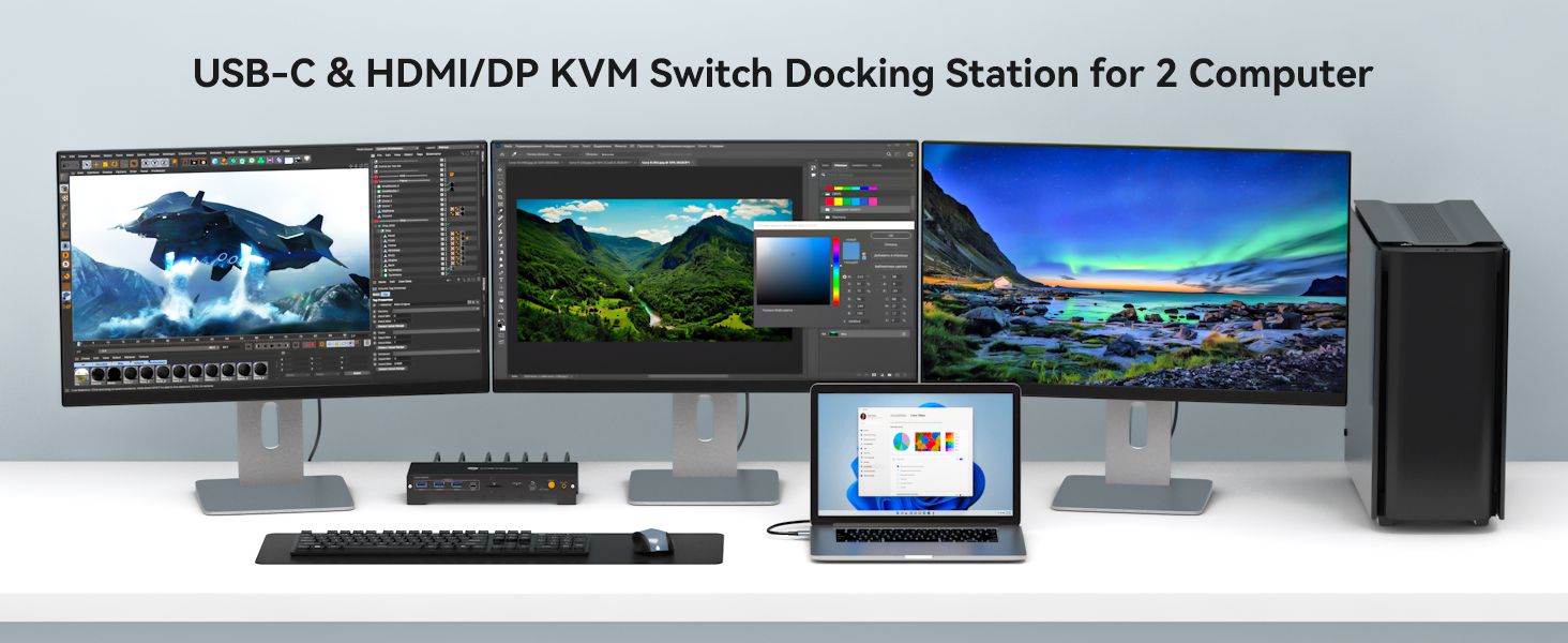 USB C KVM Docking Station Switch 3 Monitors 2 Computers with 100W PD Supply Hybrid Displayport and H