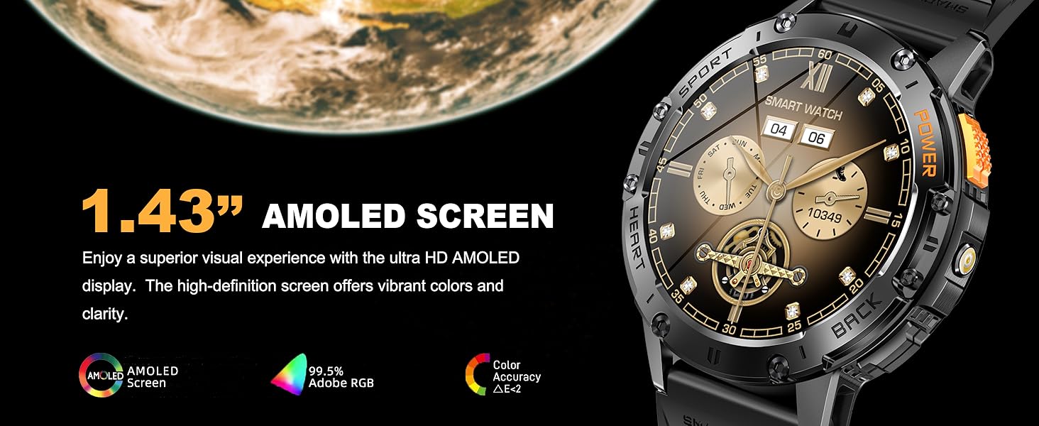 Military Smart Watches for Men with Flashlight, 170+ Sport Modes 1.43" AMOLED Screen, 530mAh