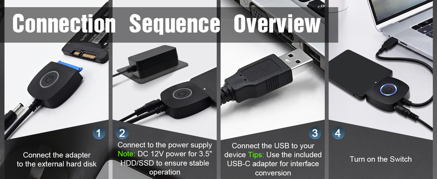 SATA to USB 3.0 Adapter with Power Supply, SSD to USB Adapter External Hard Drive Adapter Cable, USB