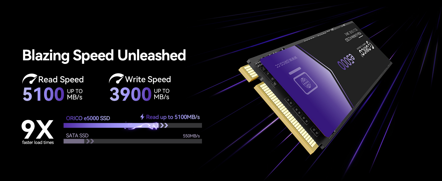 ORICO e5000 512GB M.2 NVMe SSD, PCIe Gen4x4 with 5000MB/s Read 2800MB/s Write, 3D QLC NAND Internal
