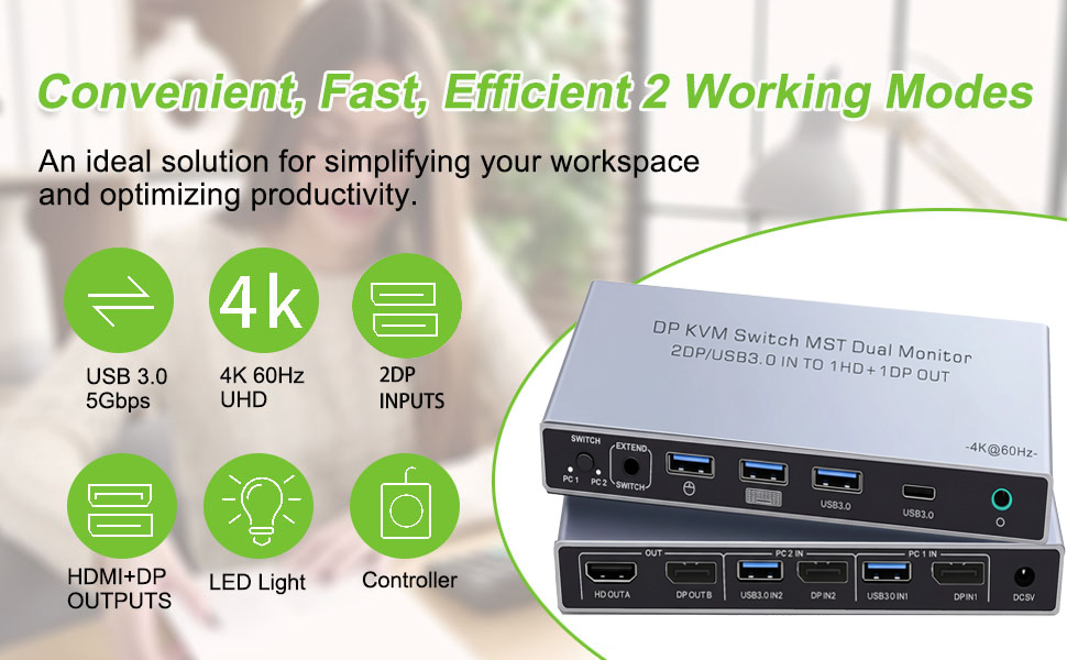 Displayport KVM Switch 2 Monitors 2 Computers 4K 60Hz HDMI+DP Dual Monitor 4 USB3.0 KVM Switcher 2 D