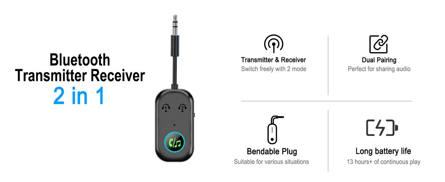 Bluetooth Transmitter Receiver, Aux Wireless Adapter Bluetooth 5.3, 2-in-1 Bluetooth Transmitter