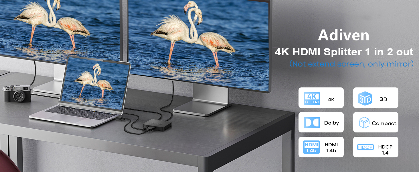 HDMI Splitter 1 in 2 Out 4K with Audio Synchronization, HDMI Hub HDMI Splitter for Dual Monitors Mir