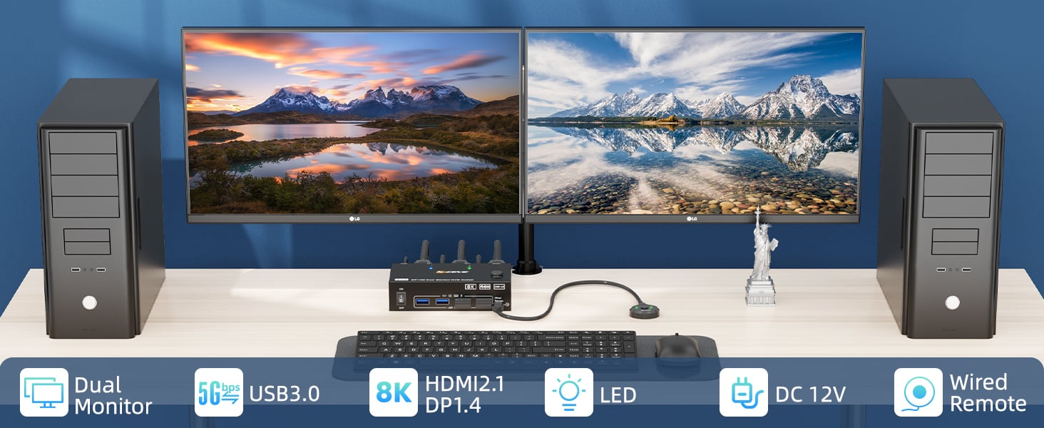 A set of wired/wireless keyboard mouse controls two computers, sharing two monitors, suitable for us