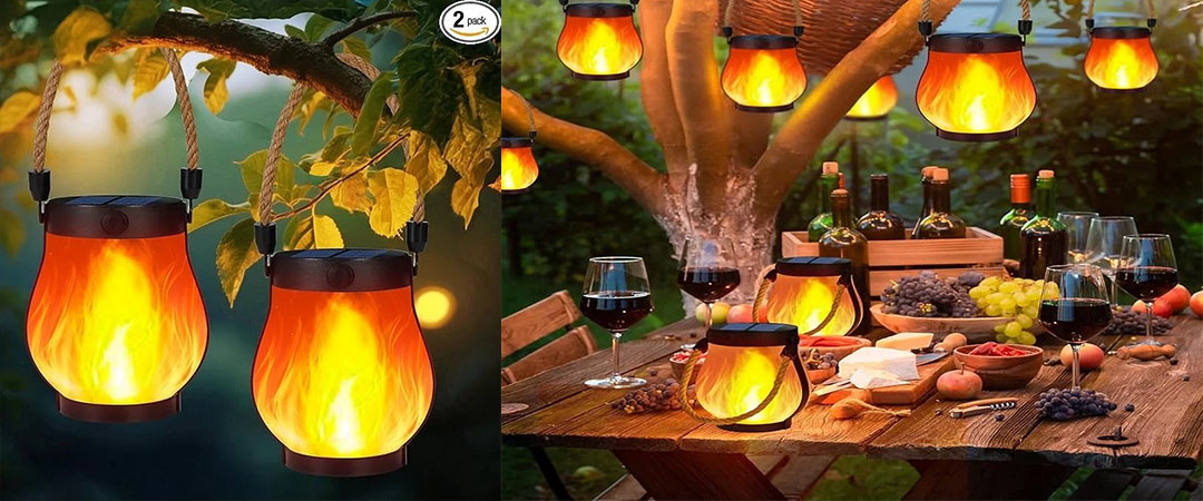 Solar Lantern Outdoor Lights with Dancing Flame,Waterproof Hemp Rope Hanging2