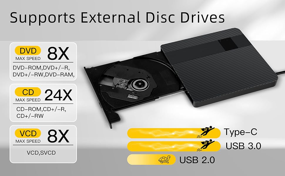 External CD/DVD Drive for Laptops, USB 3.0 & Type-C Portable DVD Player+/-RW Burner Writer Reader, E