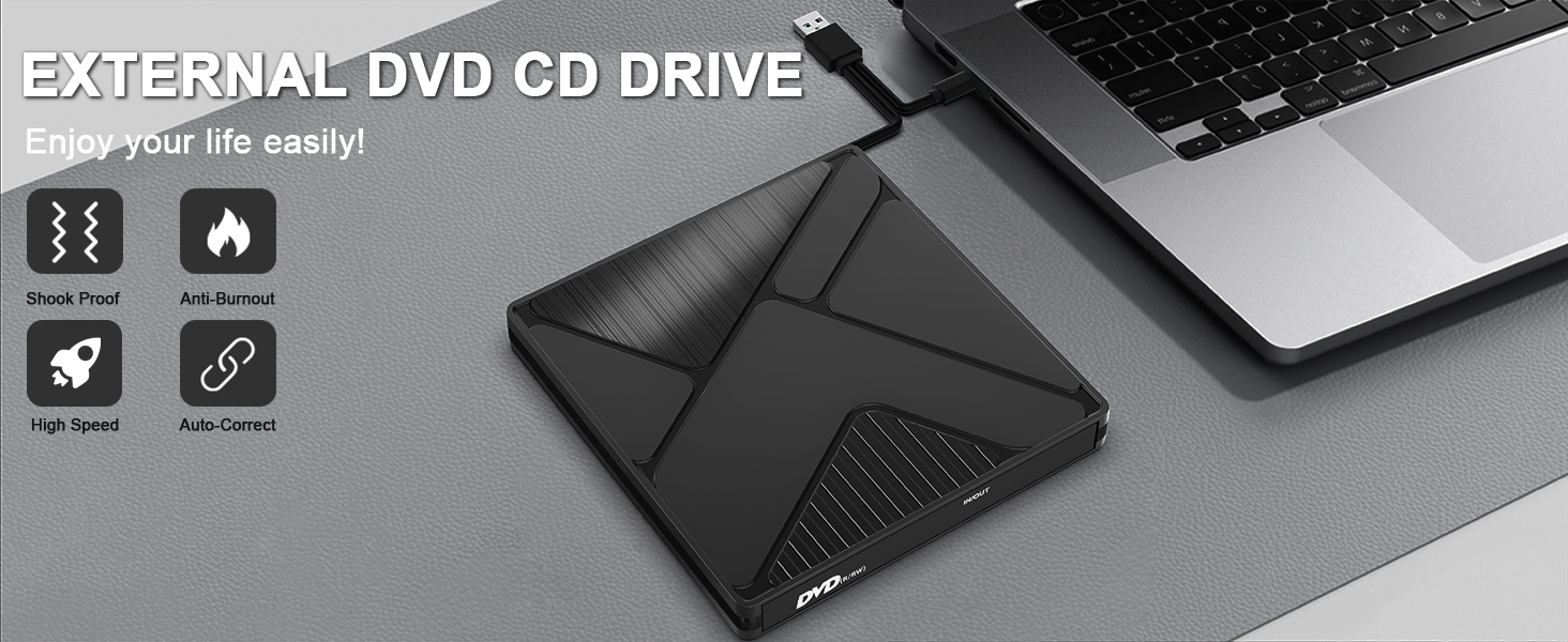 External CD/DVD Drive for Laptop, USB 3.0 Type-C CD/DVD +/-RW Burner Writer Player External Optical