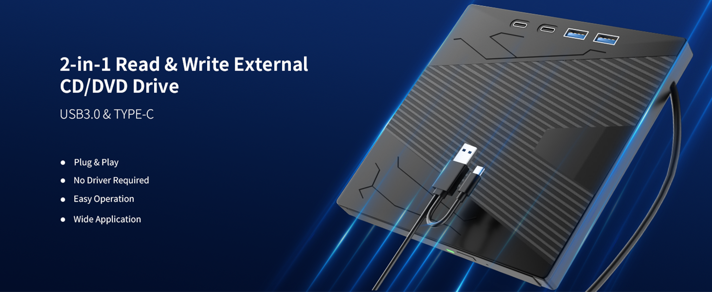 External CD/DVD Drive for Laptop, 7-in-1 DVD Player for Laptop USB 3.0 & Type-C Portable CD DVD Burn