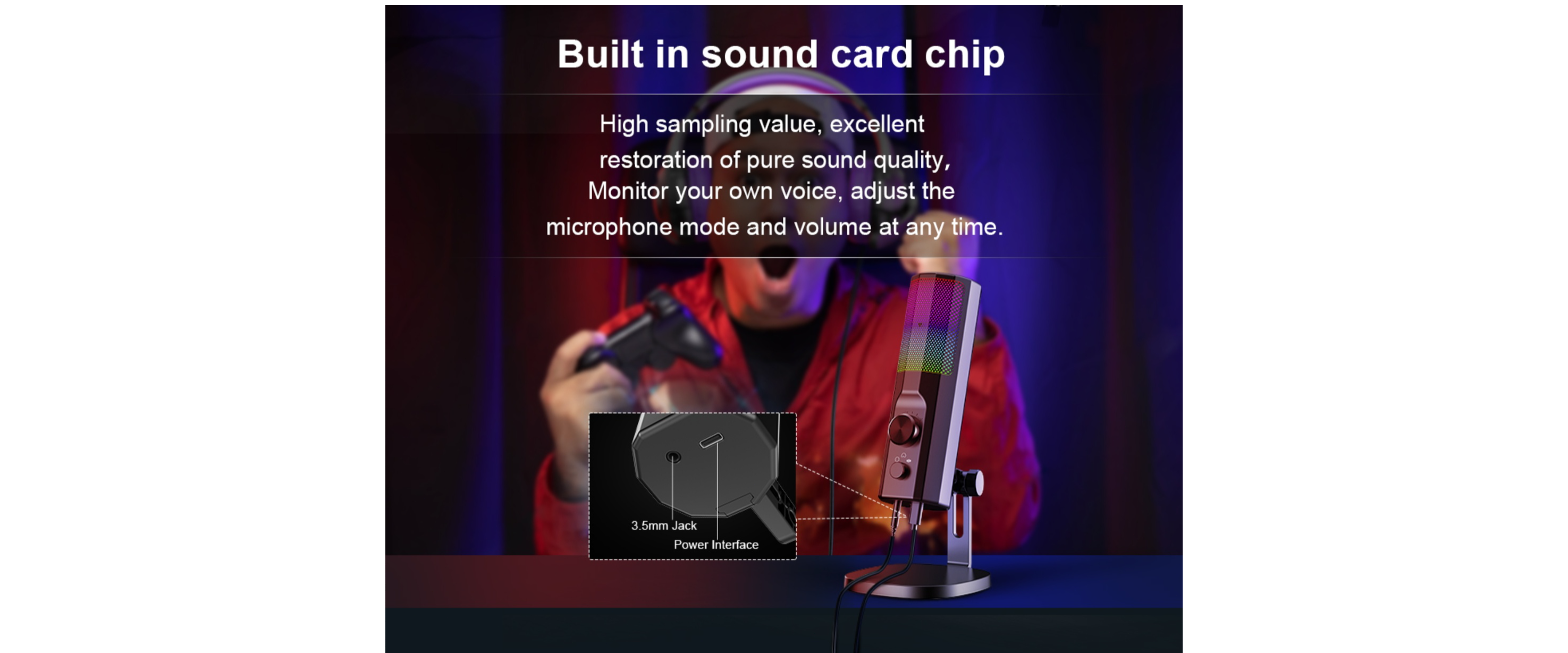 Built-in Sound Card, 3.5mm Monitoring Jack, PC Gaming Mic