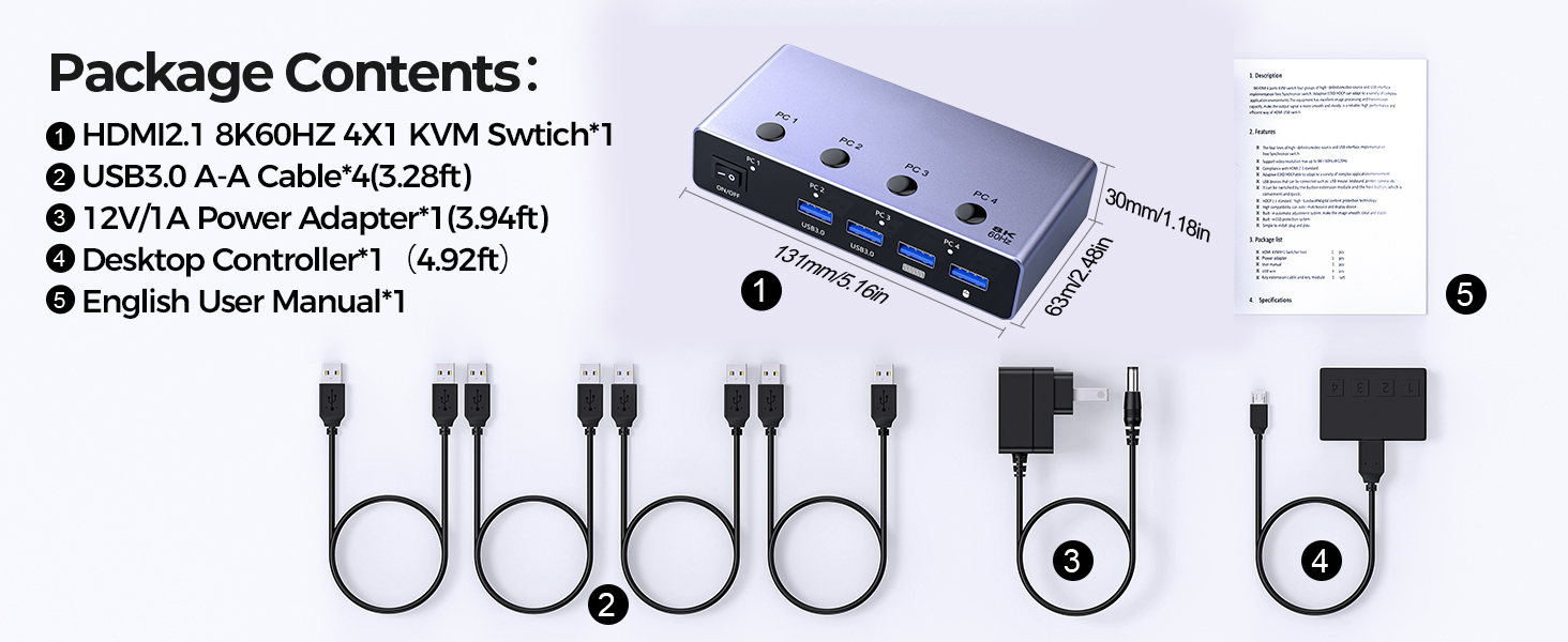 8K@60Hz HDMI KVM Switch 4 Computers Share One Monitor with 4 USB 3.0 Ports, Aluminum HDMI USB 3.0 KV