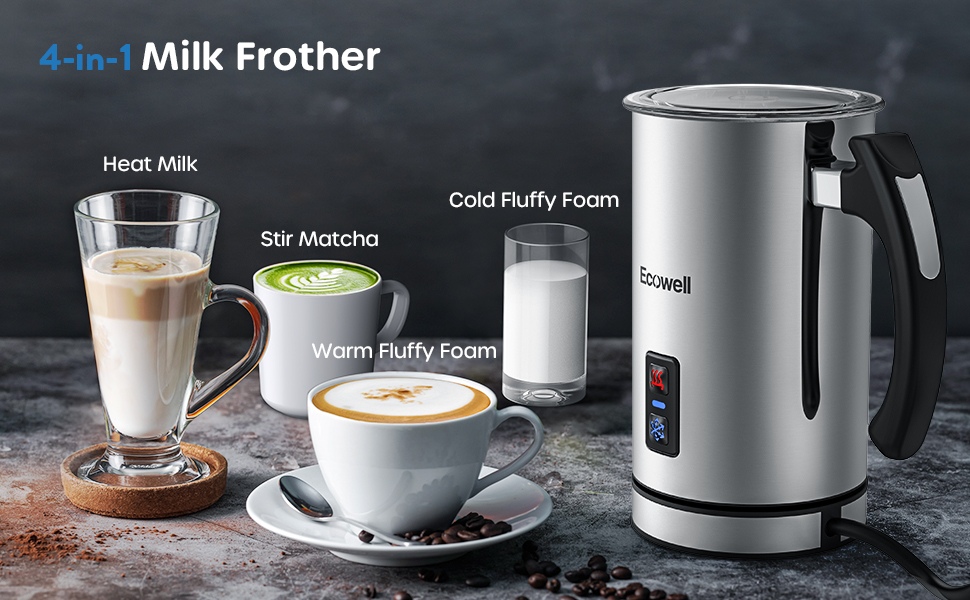 ECOWELL 4 in 1 Electric Milk Frother, Stainless Steel, Portable Automatic Milk  Foam Maker, 8.1oz/240ml Coffee for Latte, Cappuccino, Machiato, WMMF02 