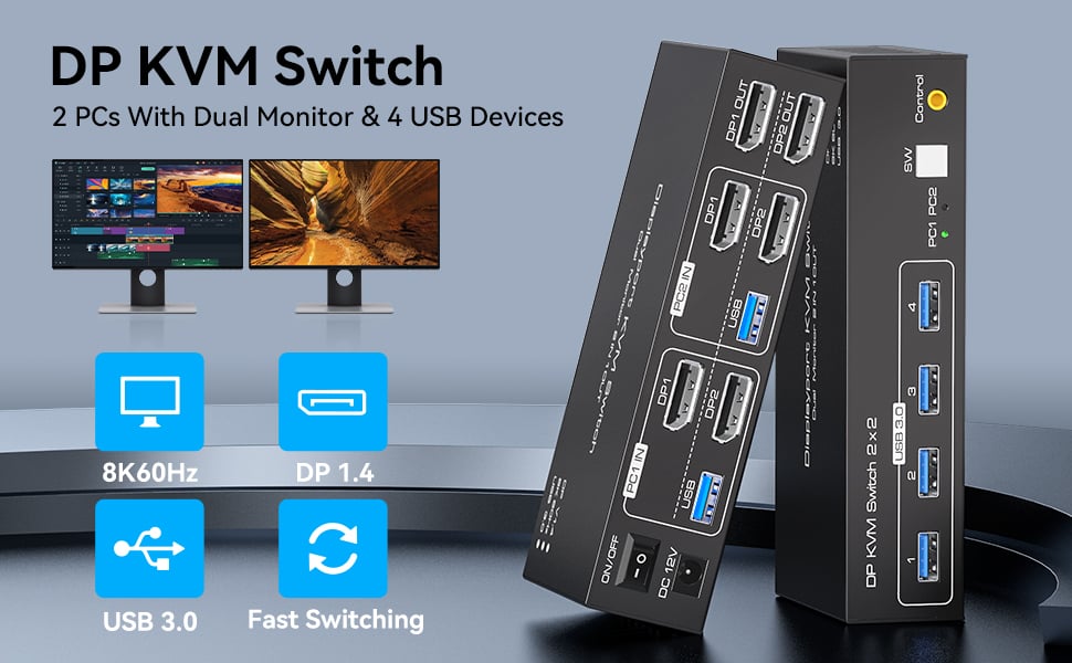 Display port KVM Switch 2 Computer 2 Monitor Pros:  Easily share two monitors and a mouse and keyboa