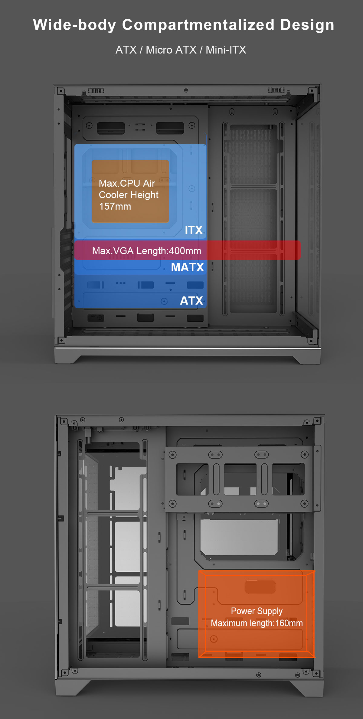 DIYPC ARGB-DC200-BK Black Dual Chamber Gaming Computer Case