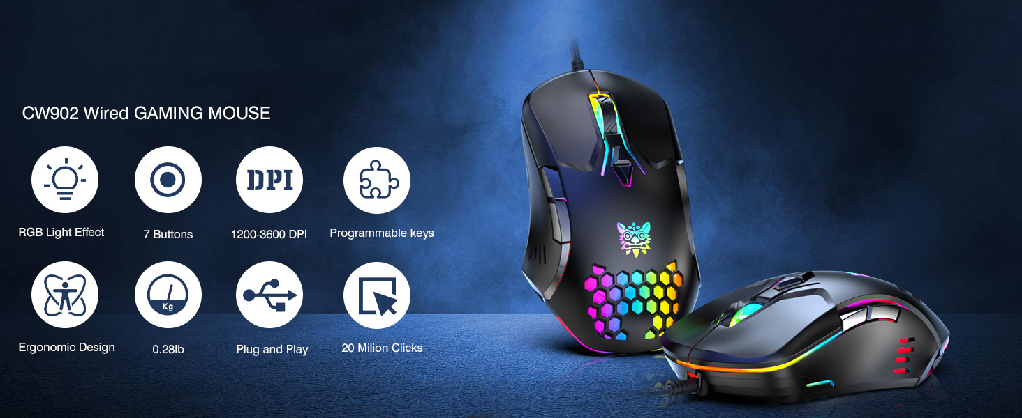 USB Wired PC Gaming Mouse, High Precision Sensor, RGB Backlit, Adjustable DPI