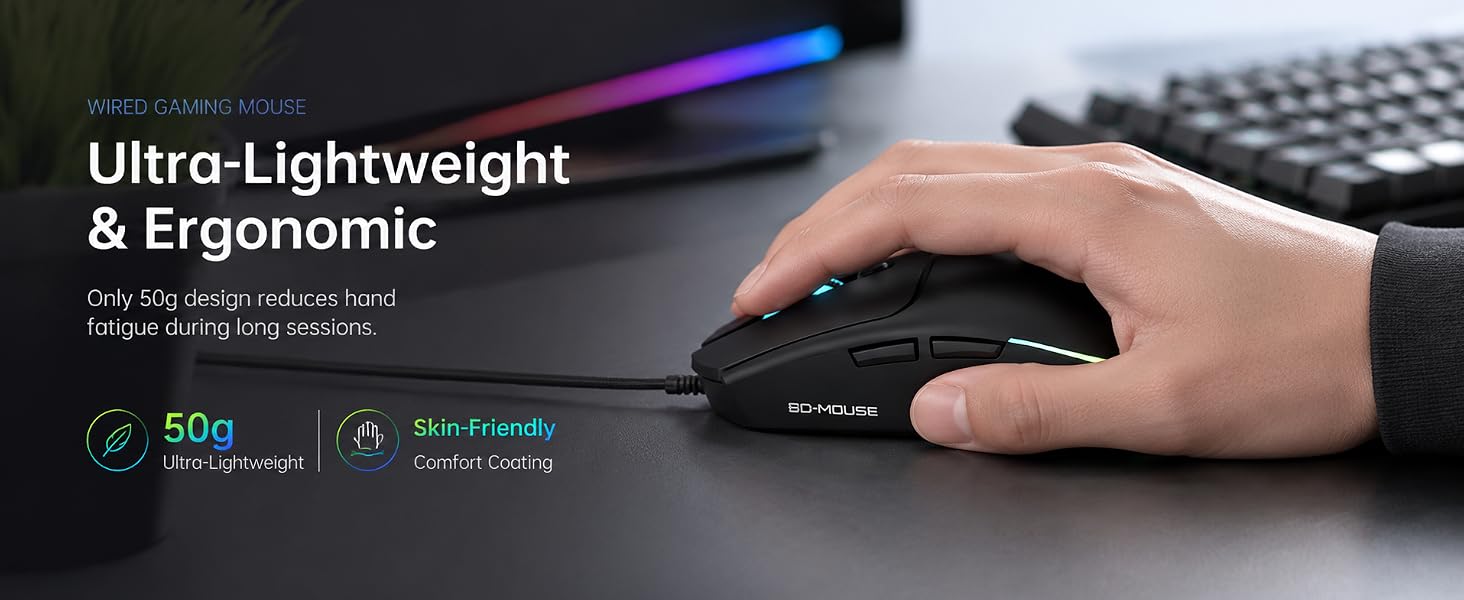 Wired Gaming Mouse RGB, 50g Lightweight Silent USB Mouse -Black | 4 DPI Levels Up To 2400, Silent Cl