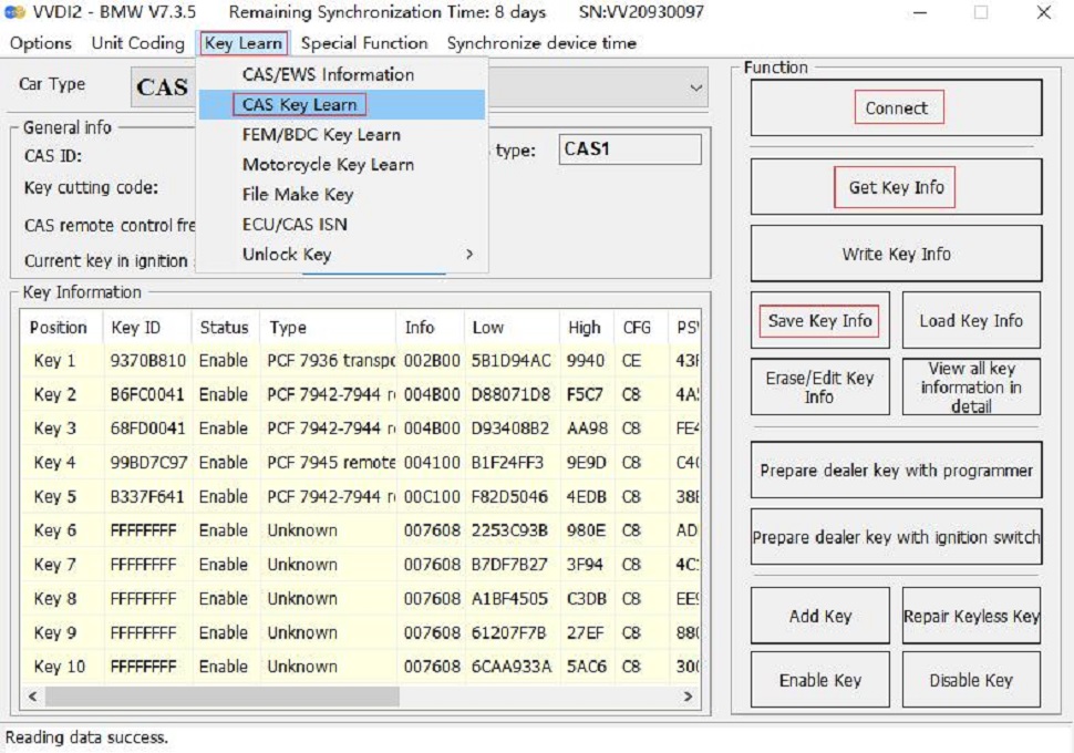 3. Key programming steps: select key learn CAS Key Learn----Connect. Select Get Key Info and