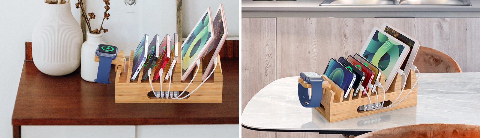 Natural Bamboo Charging Station organizer with watch stand, 5 pack charging cables