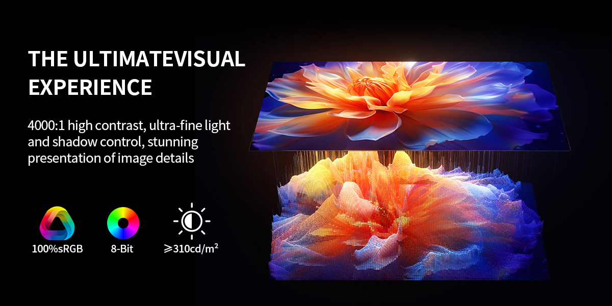 Ultimate Visual Experience. 4000:1 High Contrast Ratio, 100% sRGB, 8-Bit Color