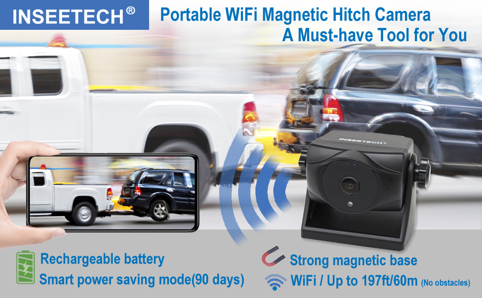 Magnetic Backup Camera Wireless Solar: Portable Auto Energy-Saving 7'' Zoom  Truck Hitch Trailer Rear View Camera with Monitor Rechargeable