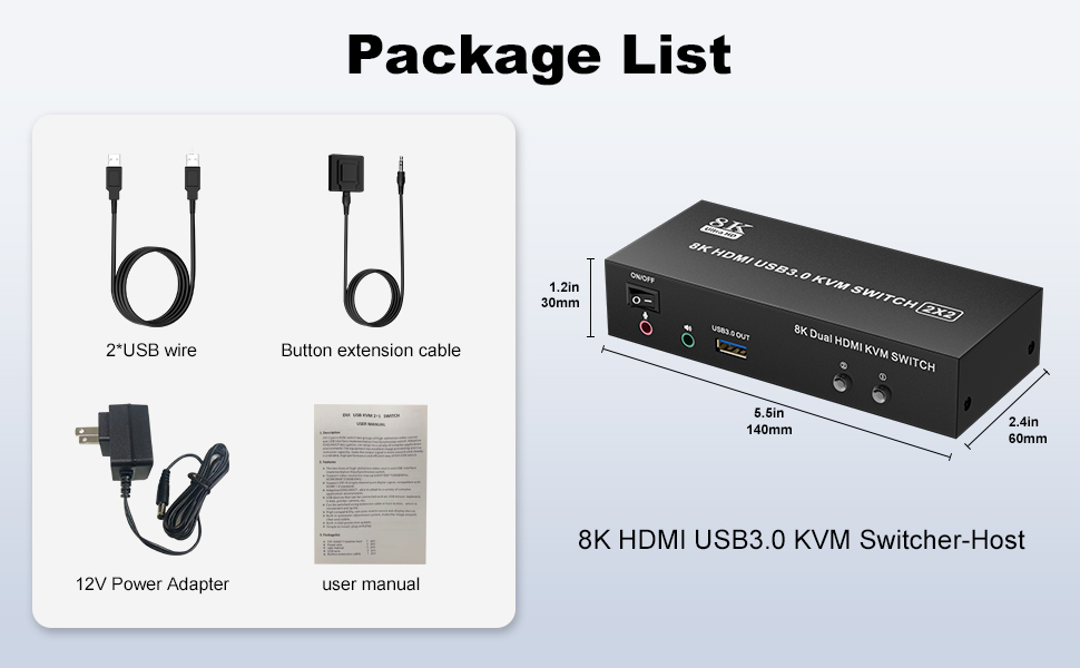 HDMI USB 3.0 KVM Switch 2 Monitors 2 Computers, 8K@60Hz 4K@120Hz Dual Monitor HDMI KVM with 3 USB 3.