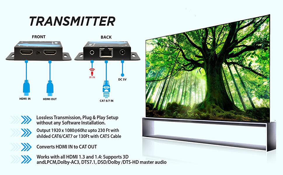 4K HDMI Extender Over CAT6/7 RJ45 4K@30Hz Up To 130 Ft & 1080p Up To 230 Ft  (EX-230PRO)