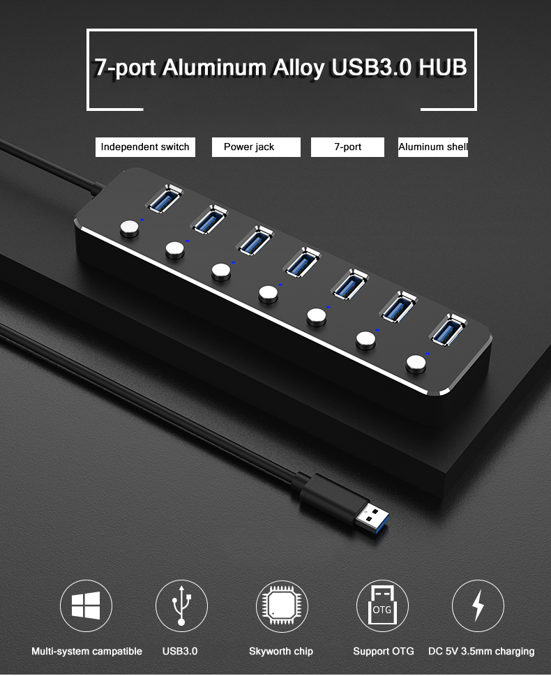 Aluminum Alloy 7 Ports High Speed USB 3.0 Hub