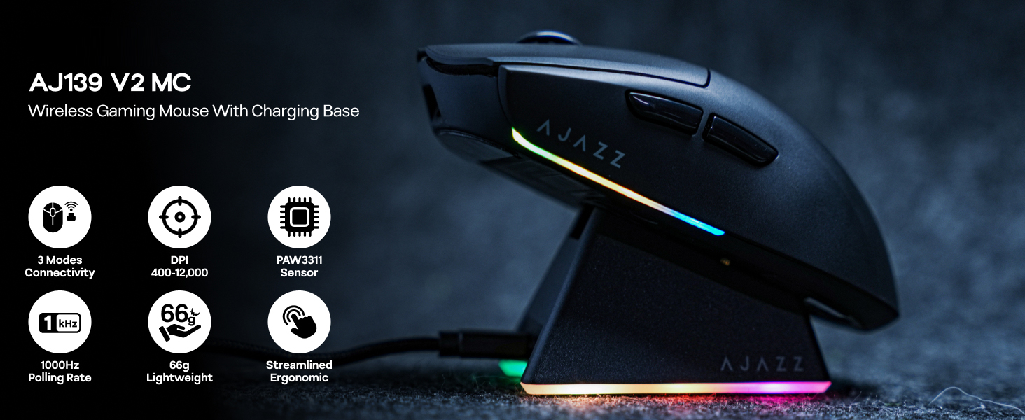 Tri-Mode Gaming Mouse with Charging Base, Adjustable 12,000 DPI, PAW3311 Sensor