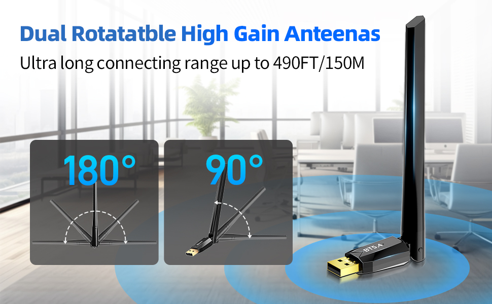 Bluetooth 5.4 Adapter for PC with Adjustable Antenna, 150M Long Range USB Dongle