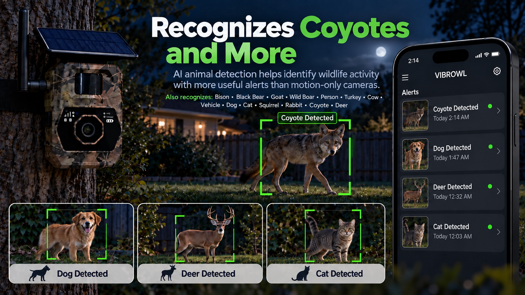 AI Animal Detection, Coyote Camera, Wildlife Recognition, Dog Deer Cat Detection, Smart Alerts