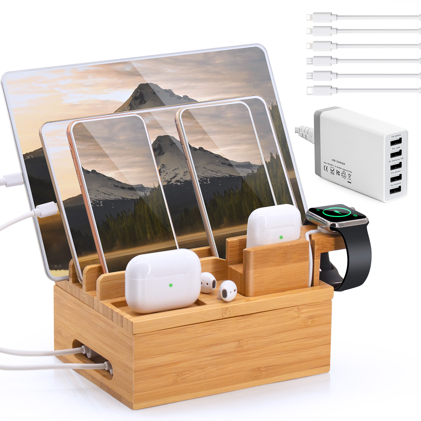 Bamboo Charging Station for Multiple Devices, Upgrade Desk Station