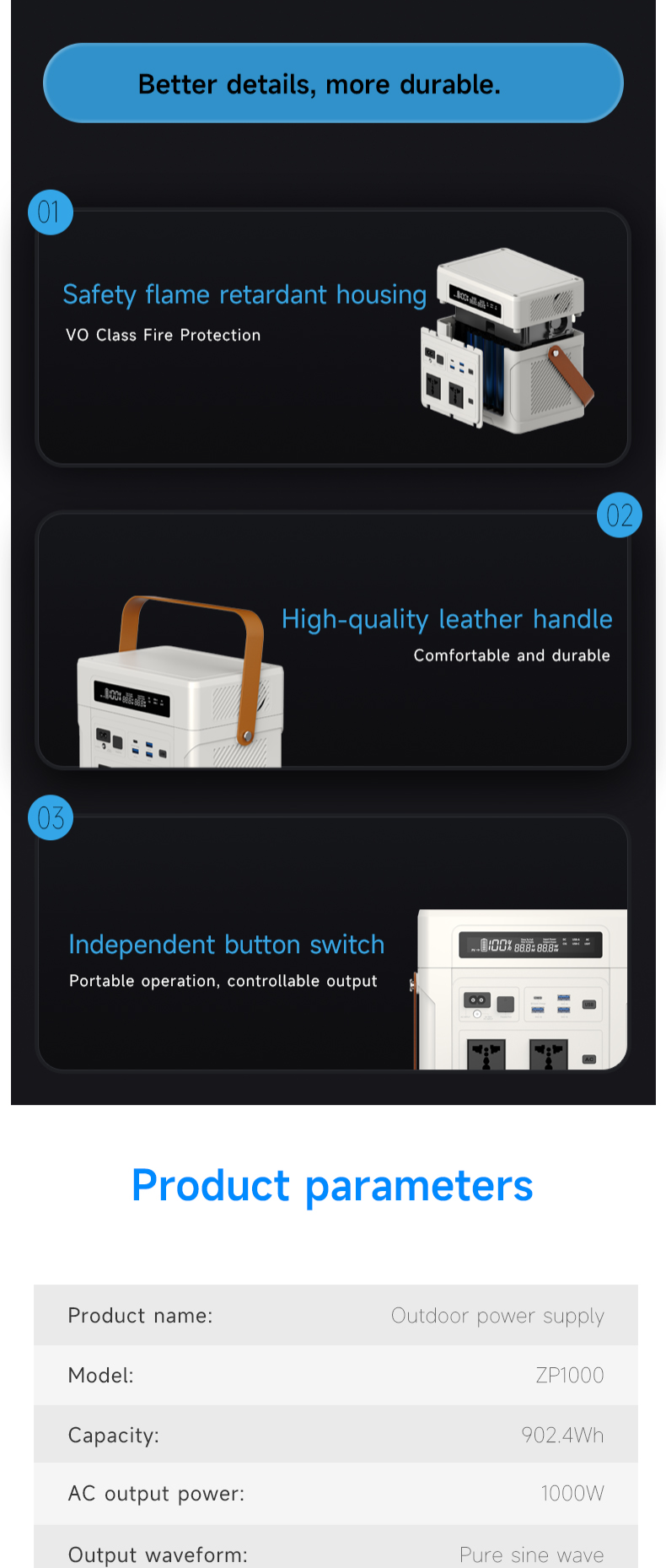 UAPOW Portable Power Station ZP1000, 902Wh LiFePO4 (LFP) battery, solar generator, 600W AC output, s
