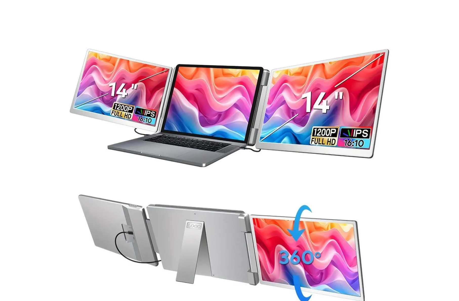 14 inch portable monitor Laptop Screen Extender 16:10, Tri-Screen Portable Monitor with two 14 inch