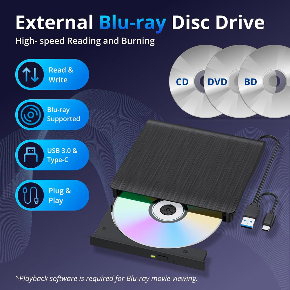 Jansicotek External CD DVD Bluray Drive for Laptop