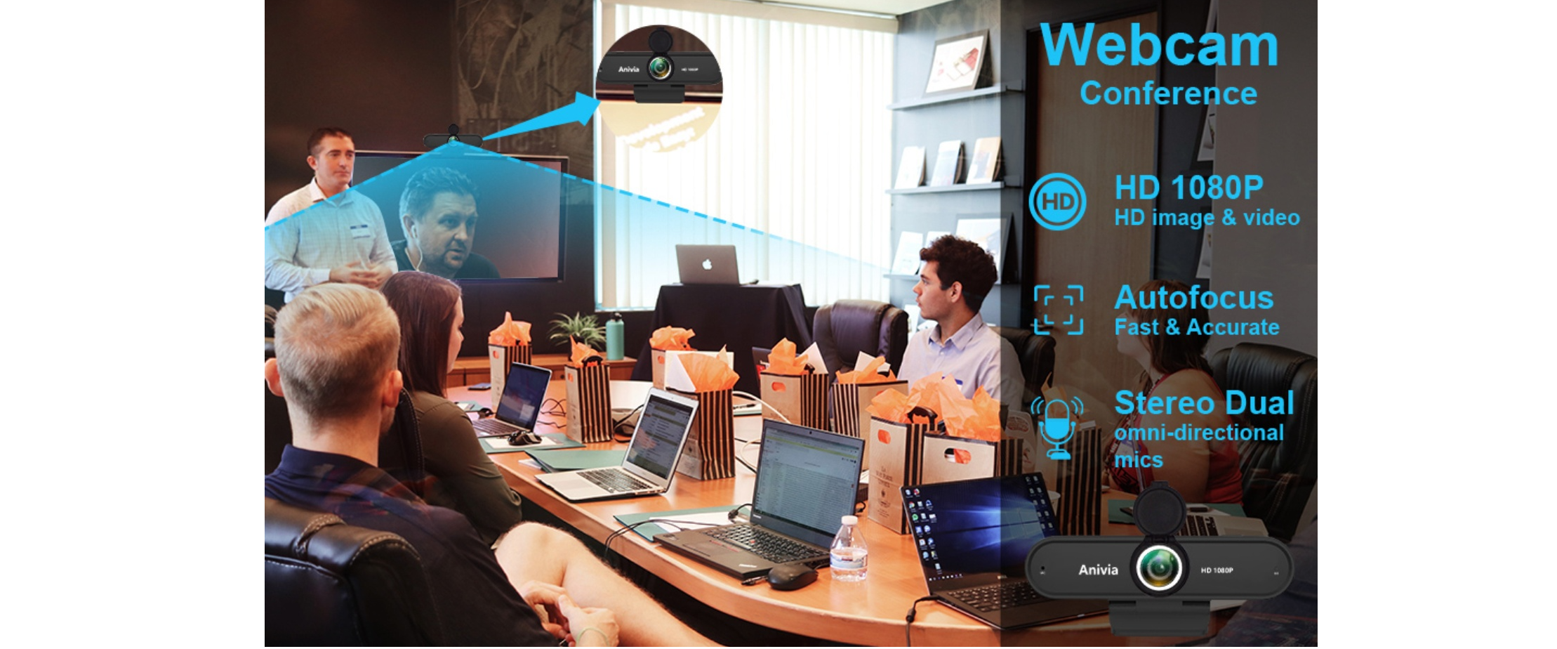 INMISS webcam, business conference call, HD 1080P, autofocus, stereo dual mics, office meeting