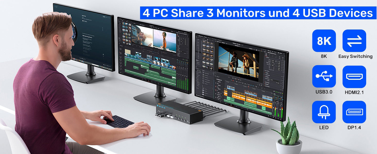 KVM Switch 4 PC 3 Monitors 4K@144Hz 8K@60Hz, HDMI 2.1+ 2 DisplayPort 1.4 Triple Monitor KVM Switch 4