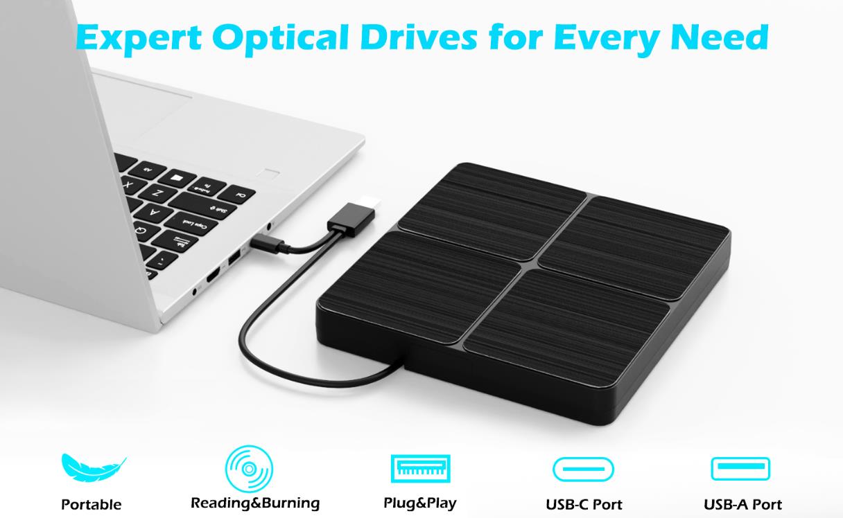 External CD/DVD Drive for Laptop, USB 3.0 Type-C External DVD Drive Portable DVD Player for Laptop,