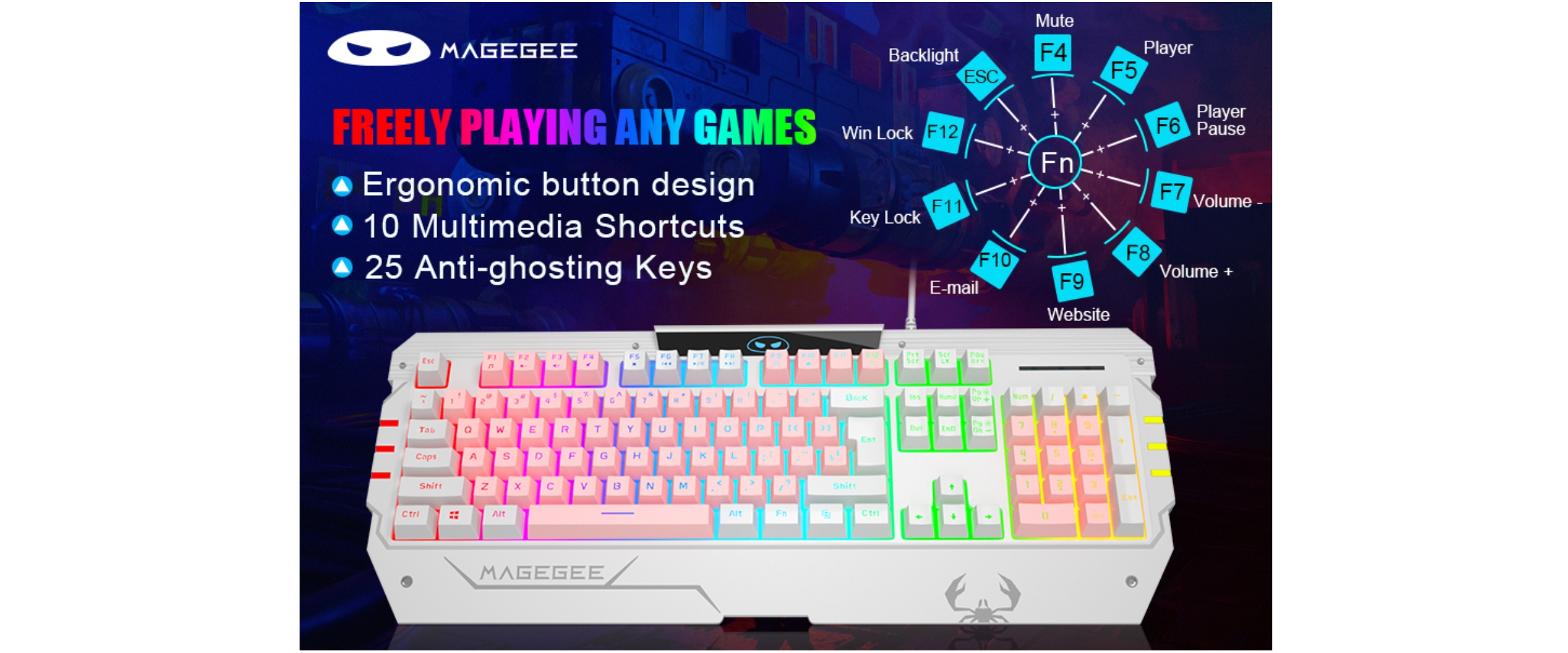 Magegee keyboard, RGB backlight, 25 anti-ghosting keys, multimedia shortcuts