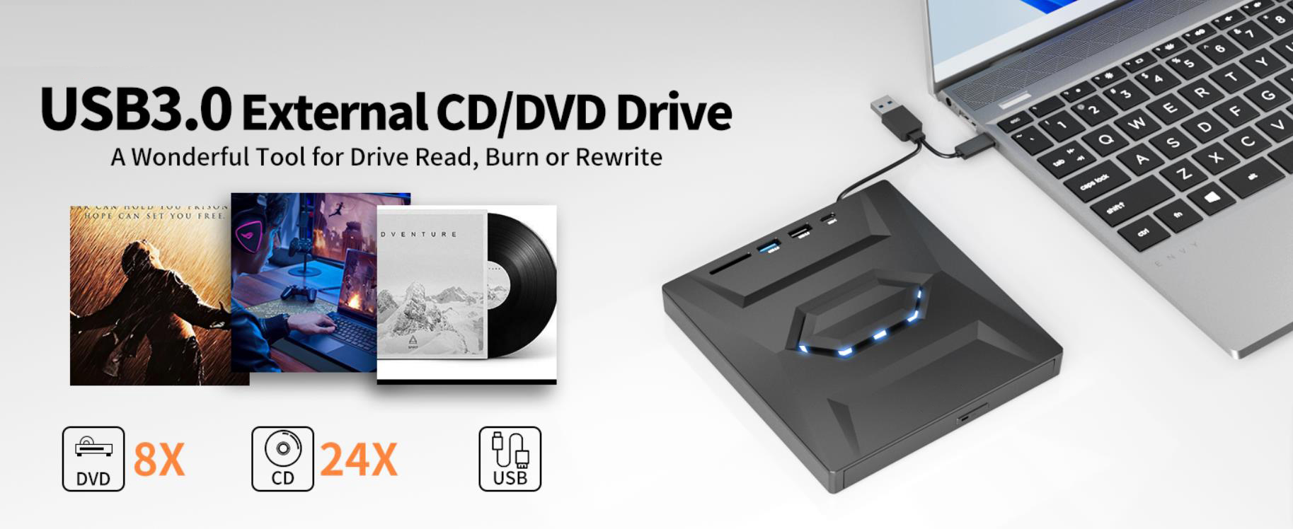 External CD DVD Drive, [5 in 1] USB 3.0 & Type-C Portable CD DVD +/-RW ROM Burner with SD/TF Slot &
