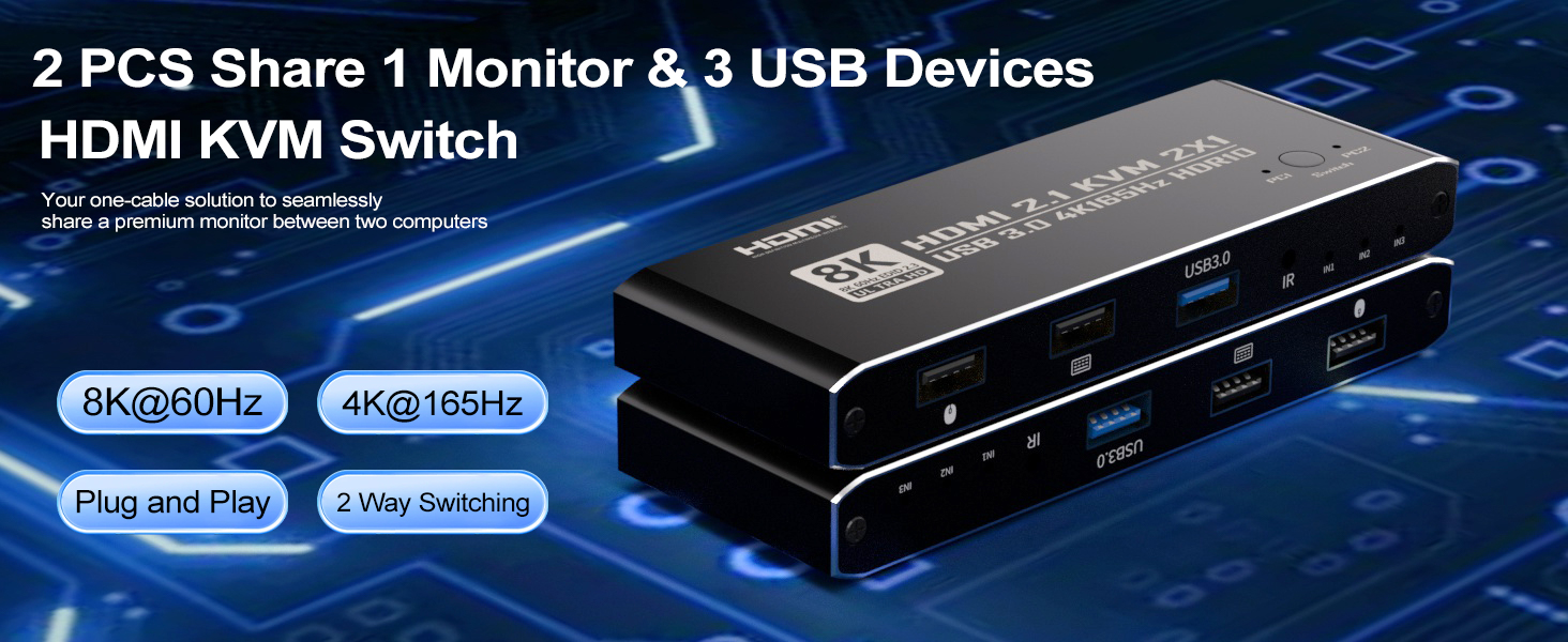 2 Ports HDMI KVM Switch for 1 Monitor 2 Computers, 8K@60Hz 4K@165Hz HDMI KVM Switch 2 in 1 Out
