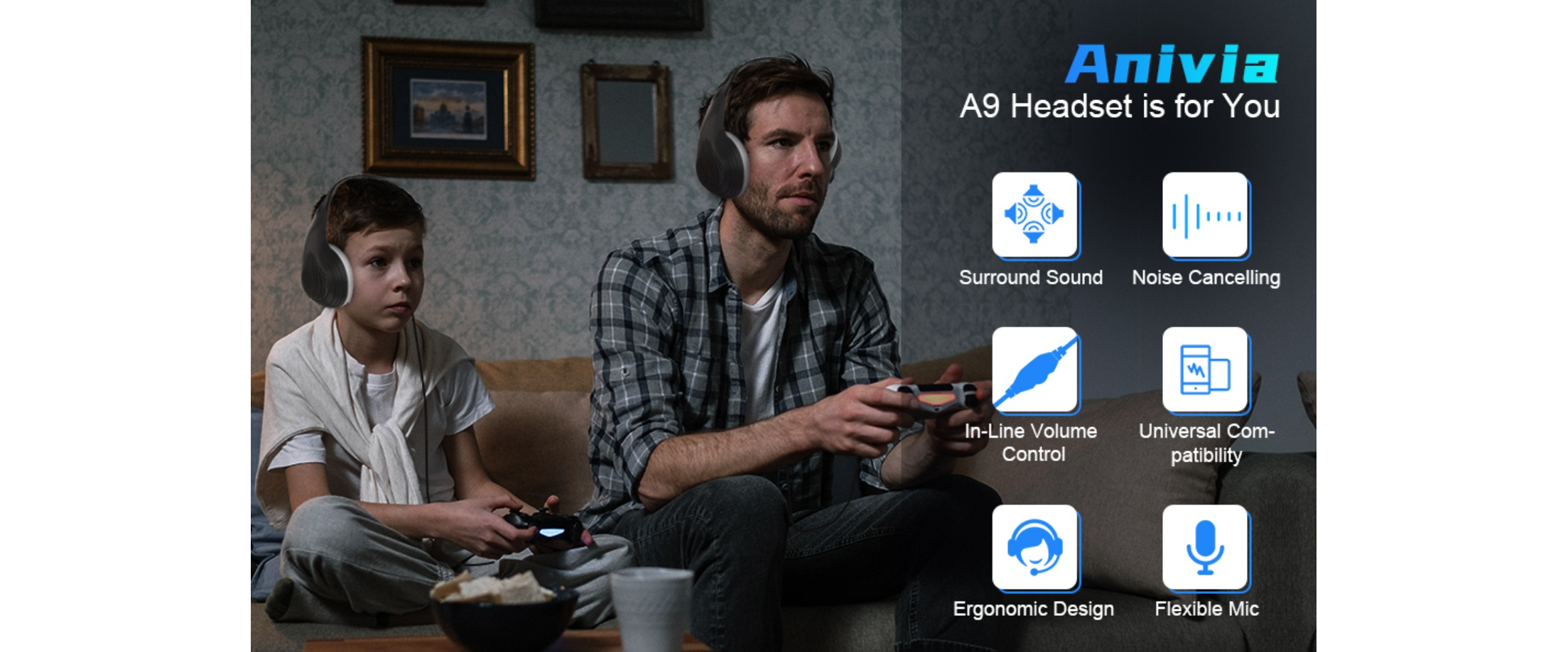 Anivia A9 gaming headset, surround sound, noise cancelling mic, wired over ear headphones