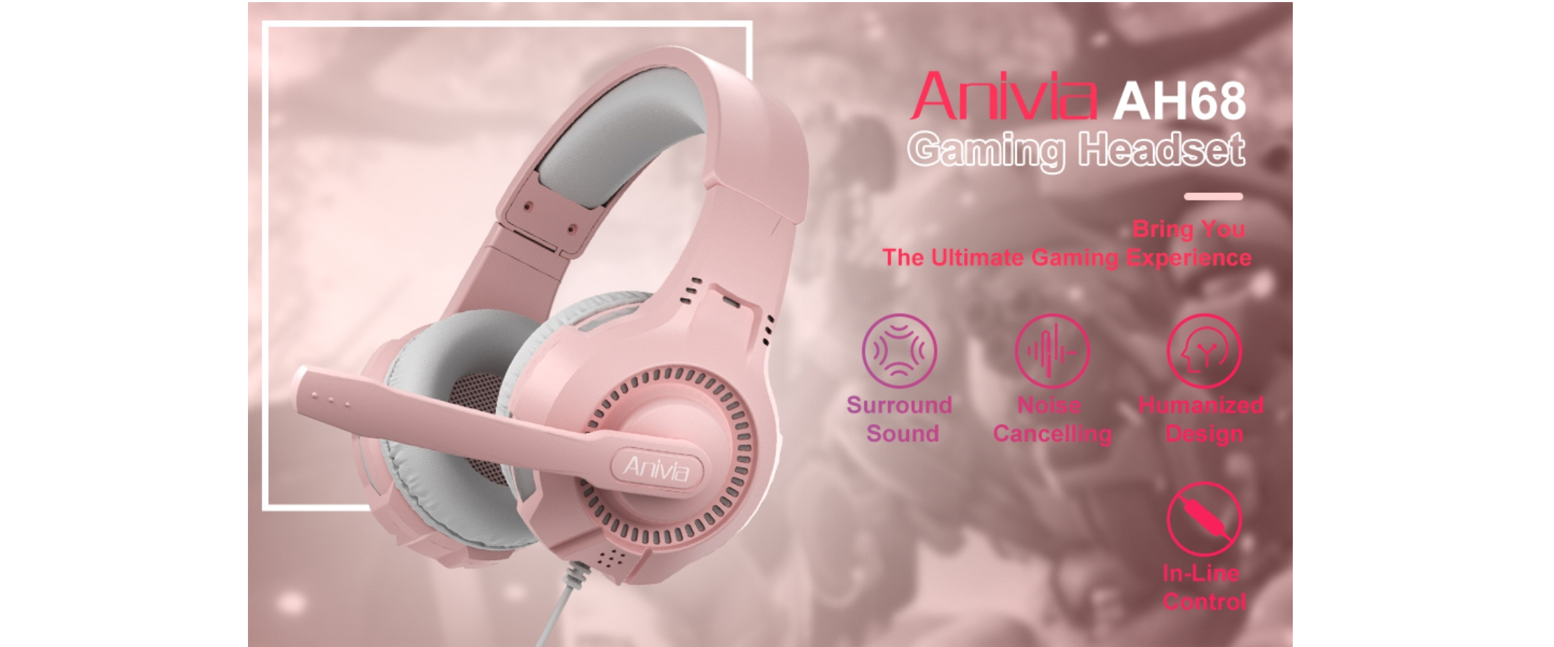 Anivia AH68 Pink Over-Ear Gaming Headset, Wired with Noise Reduction Mic