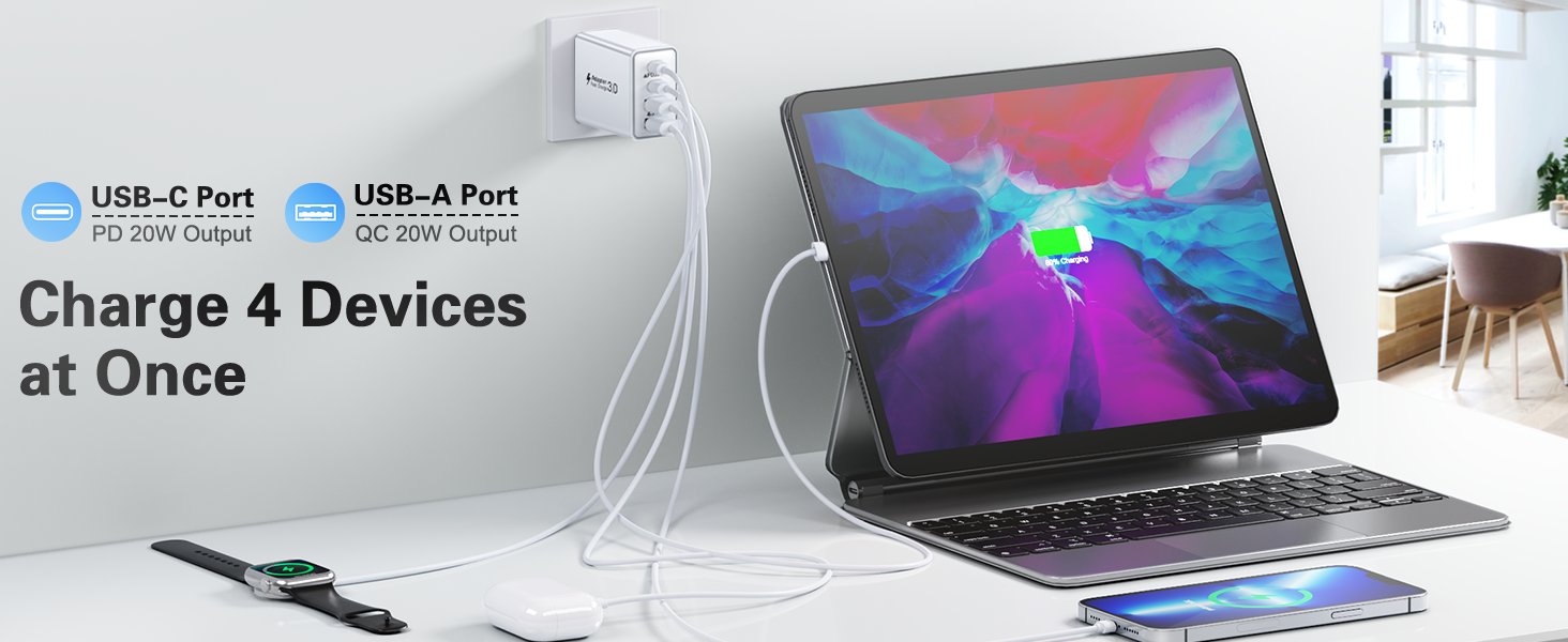 2-Pack Fast Charging Block, 4-Port PD+QC Power Adapter Multiport Charger Block
