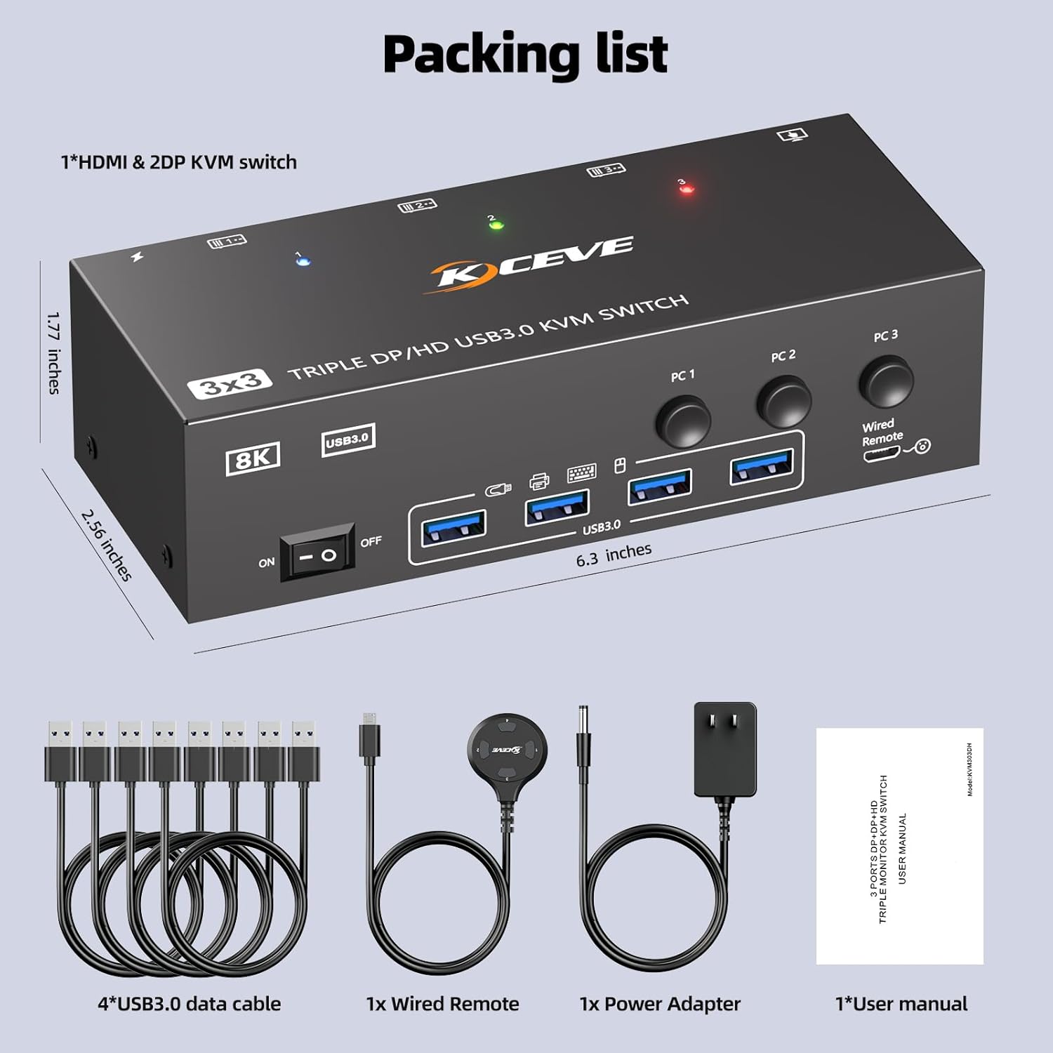 KVM Switch 3 Monitors 3 Computers 8K@60Hz 4K@144Hz, HDMI + 2 Displayport KVM Switcher Triple Monitor