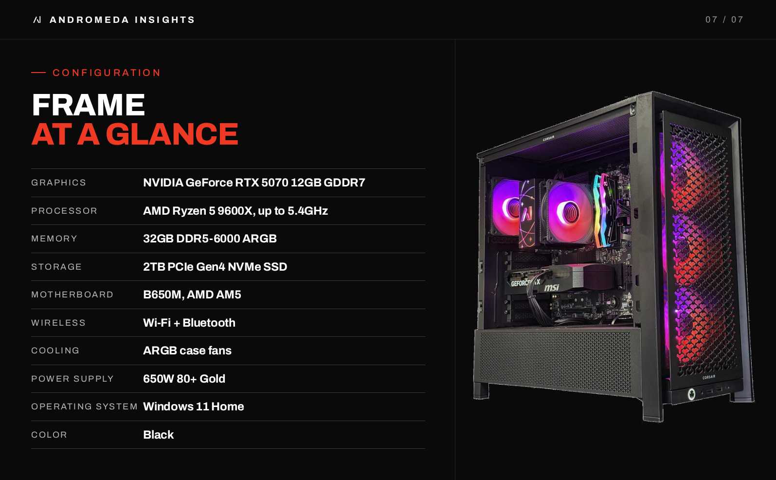 Frame RTX 5070 desktop configuration specifications