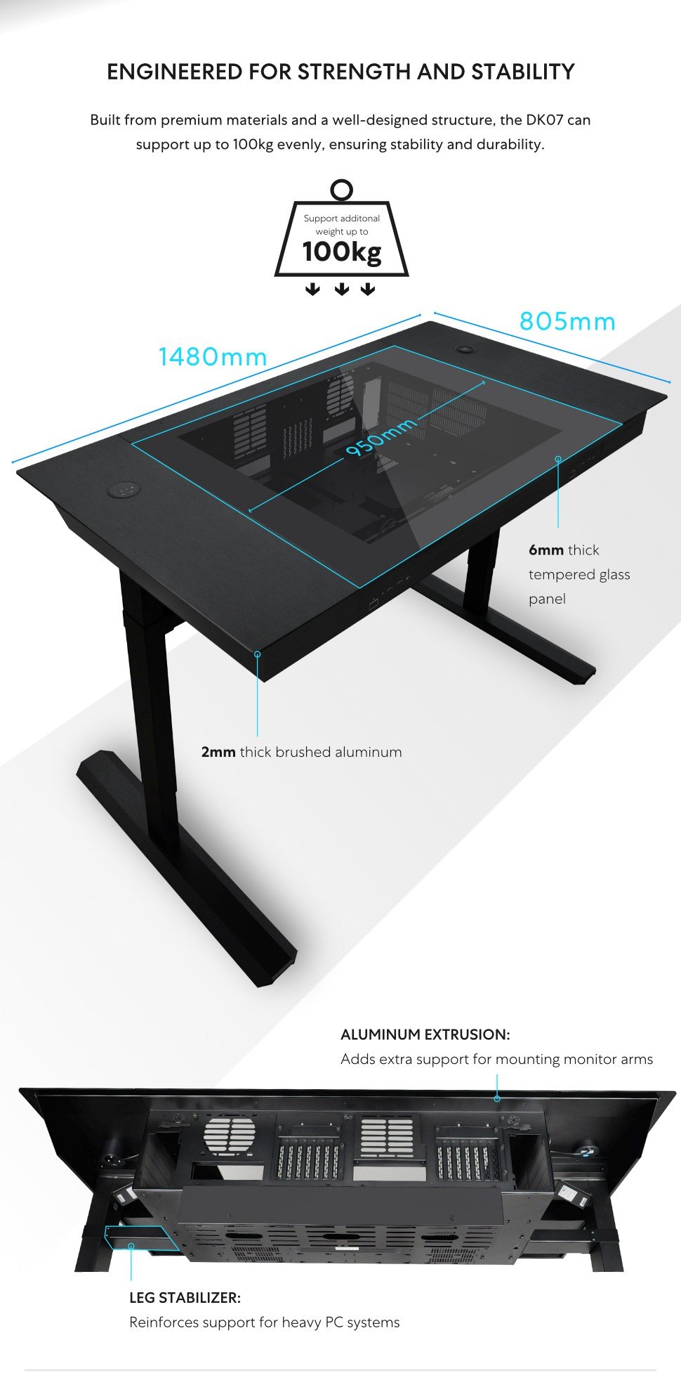 Lian Li, Standing Desk, DK-07X, Dual E-ATX, Wireless Charging, USB Ports